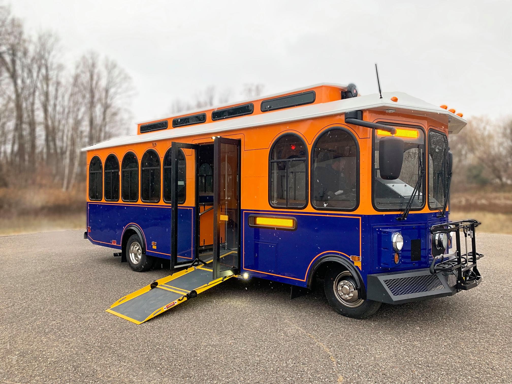 a trolley bus with an ada accessible ramp