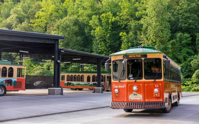 Three Gatlinburg trolleys parked at a transit facility surrounded by lush green trees. The orange and green trolley in the foreground displays "North Pkwy" on its sign and "Free Trolley" above the bumper. Two additional trolleys are visible under the shelter in the background.
